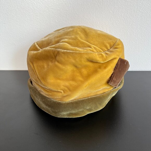 vintage 60s hat mustard yellow velvet cloche pillbox flapper fold cap - Picture 4 of 10